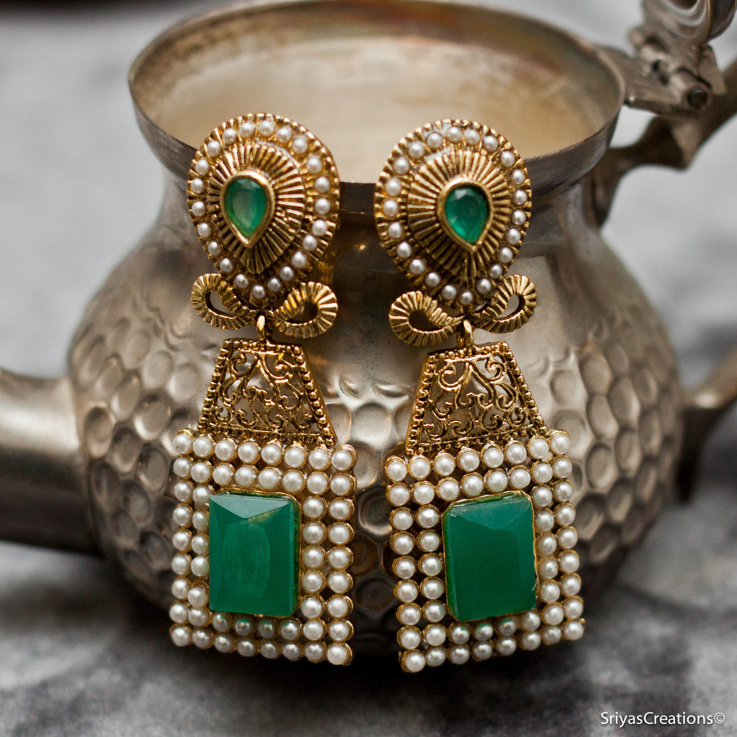 Green Drop Pearl Studded Rectangle