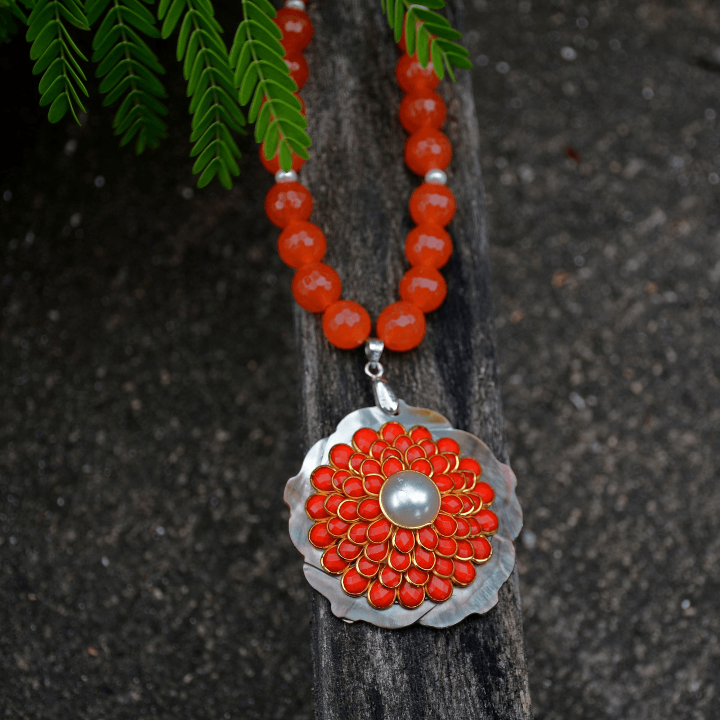 Mother of Pearl Orange Floral Gemstone Handmade Necklace