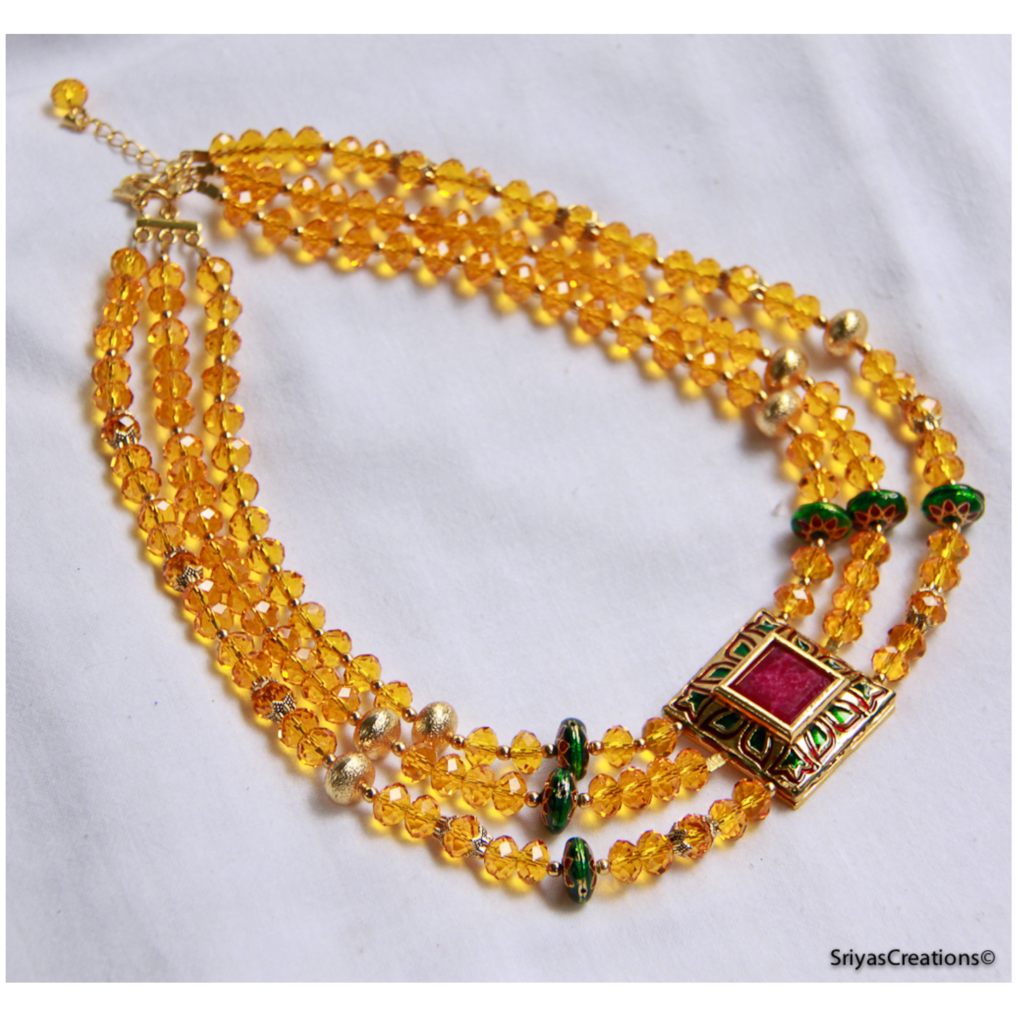 Orange Layered Red Green Pendant Choker Necklace Set