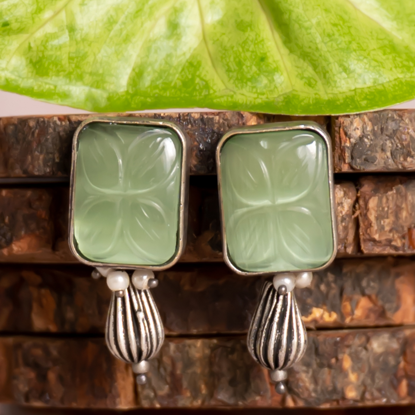 Green Stone Rectangle Engraved Stud