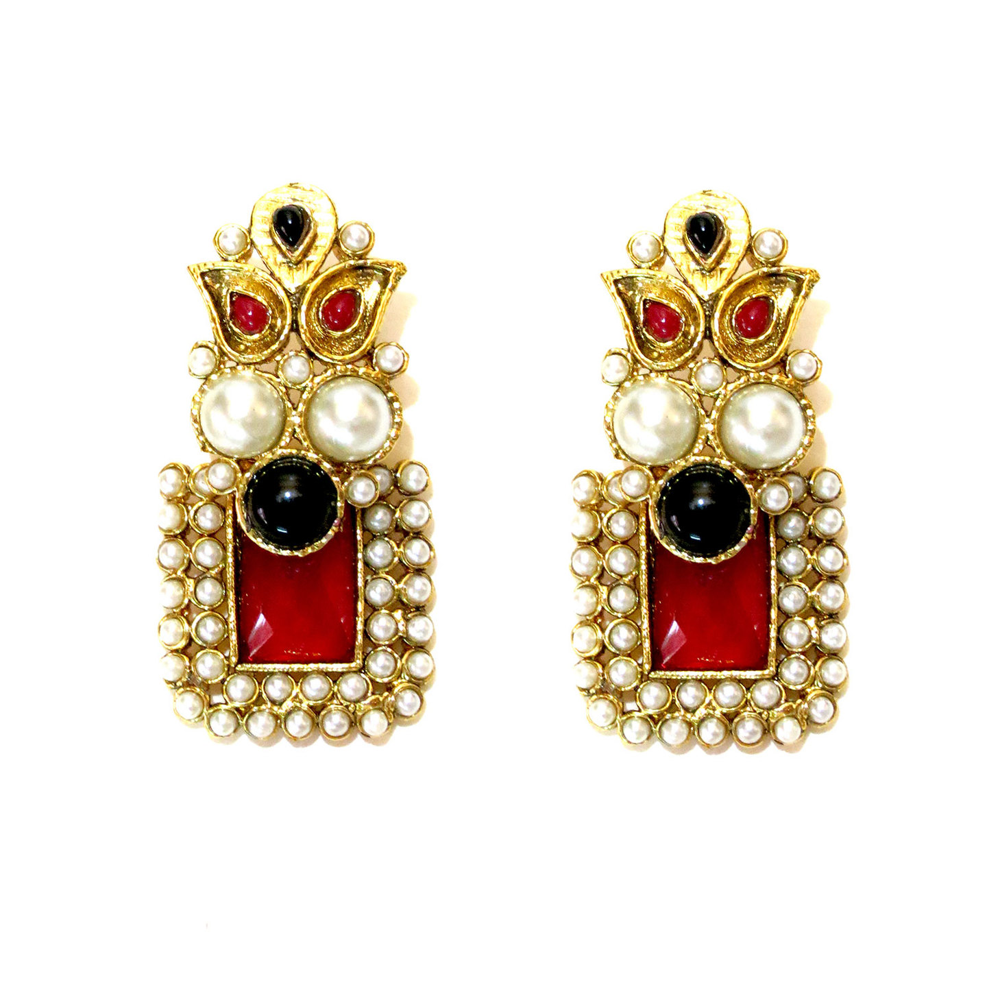 Rectangle Stone Drop Earrings - Red & Black