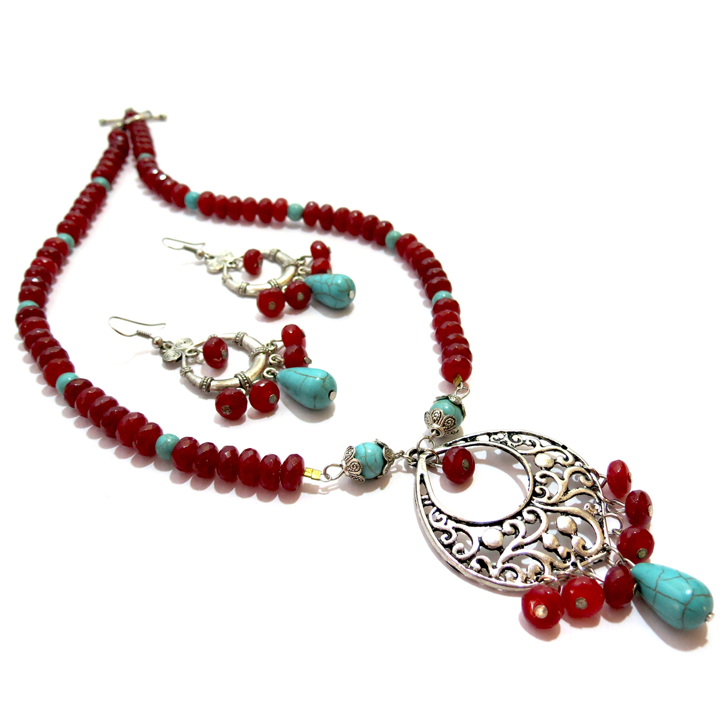 Red Turquoise Beaded Pendant Necklace Set
