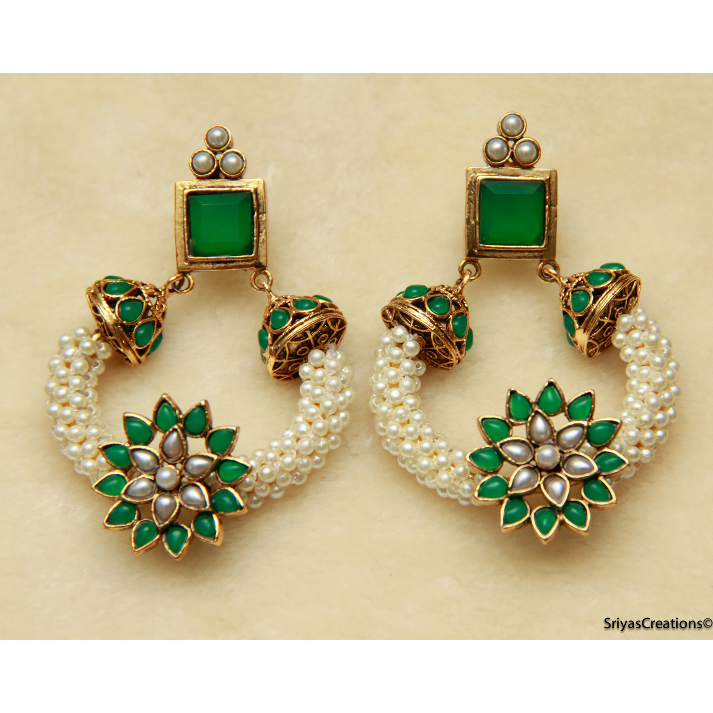 Green Pearl floral Round Square Earrings