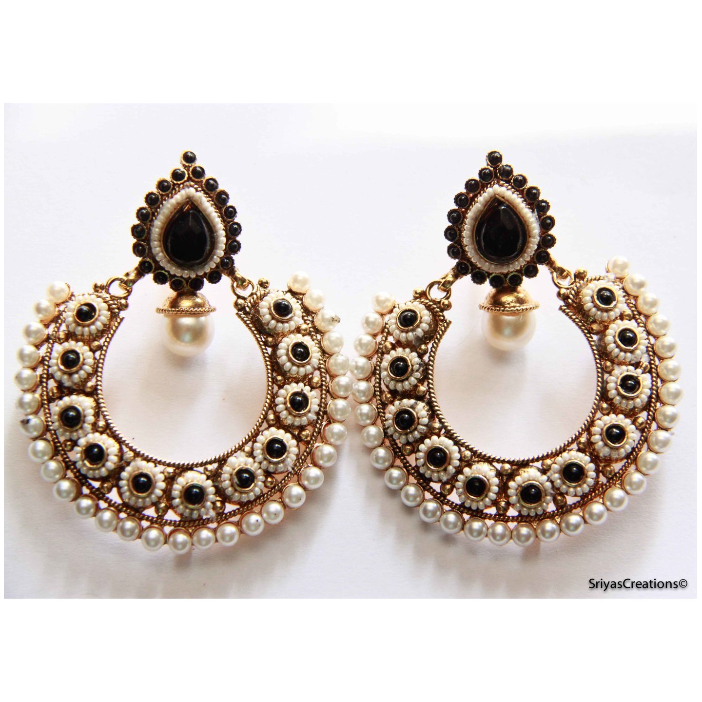 Black Drop Round Stone & Pearl studded Chand Bali Earrings