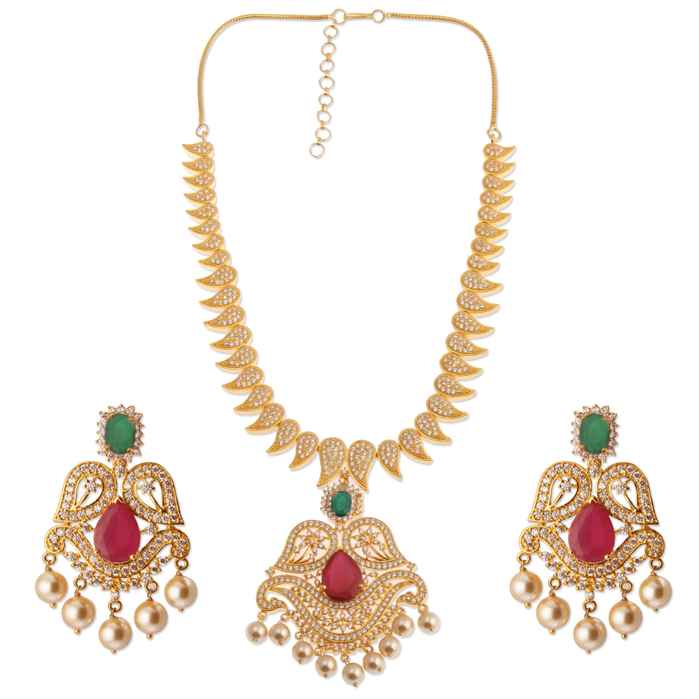 Paisely Shaped Green Red and Ad stone studded Necklace Set
