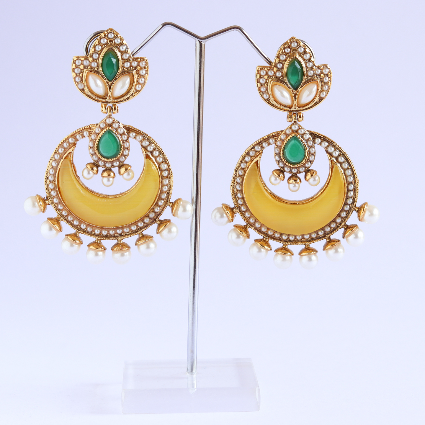 Yellow Green Floral Chandbali Dangler Earllings