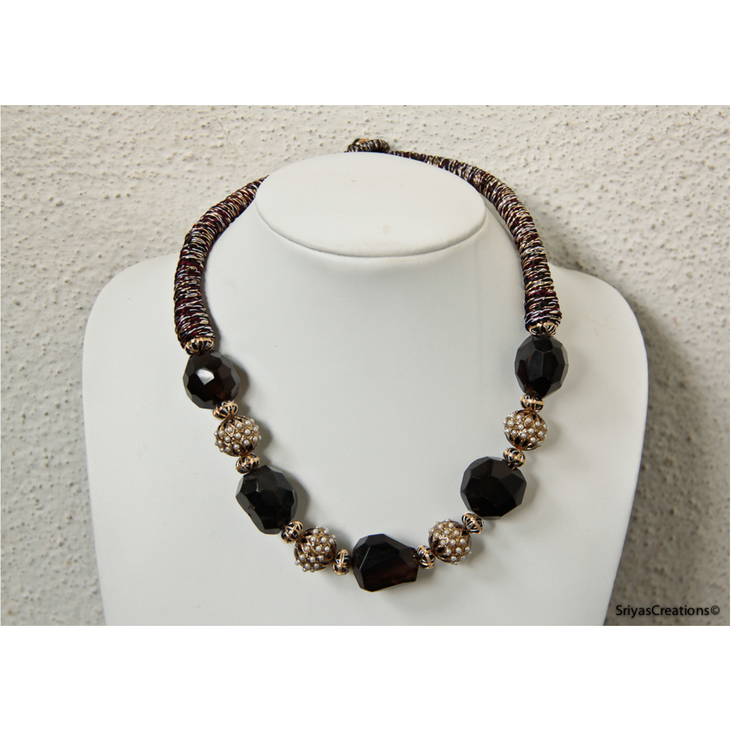 Blackish Stone & Enamel Pearl Thread Necklace