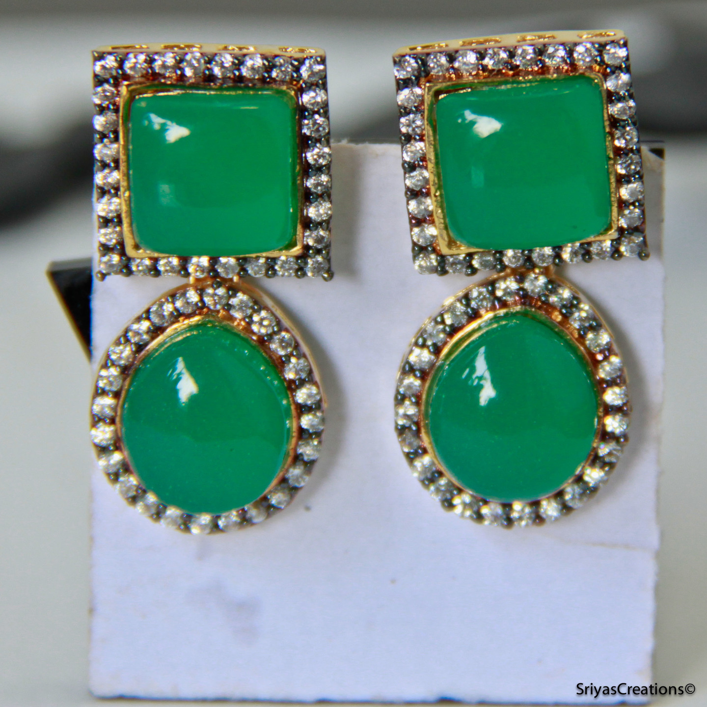 Green Drop & Square Ad Earring