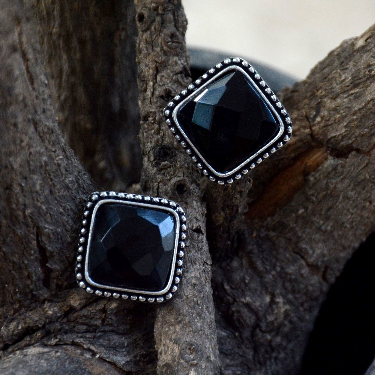 Black Silver Tone Square Ear Top