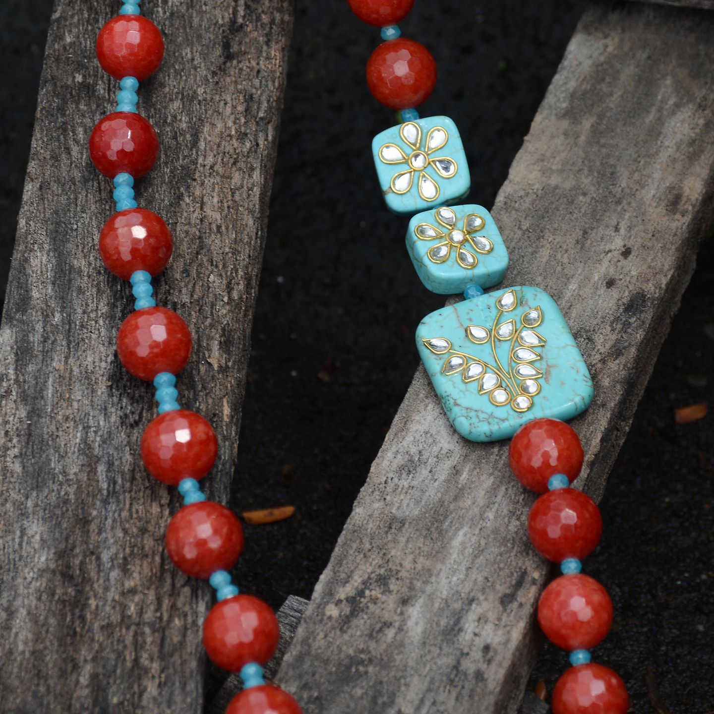 Orangle & Blue Kundan Beaded Necklace