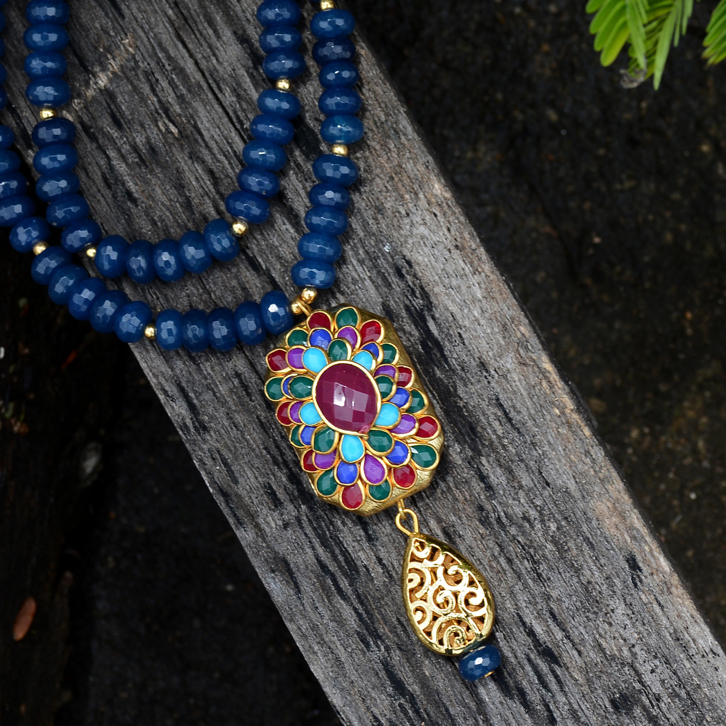 Two Layered Blue Necklace & Multi Color Pachi Pendant Necklace