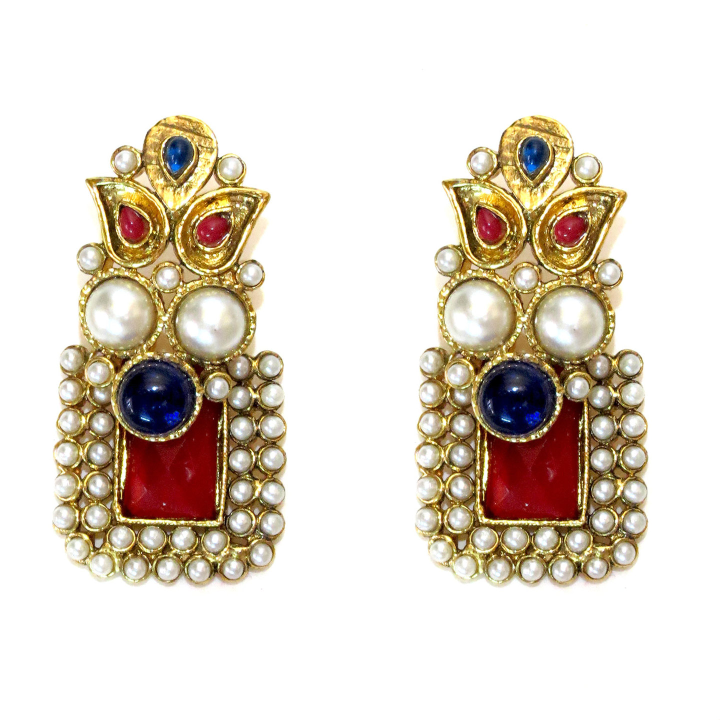 Rectangle Stone Drop Earrings - Red & Blue