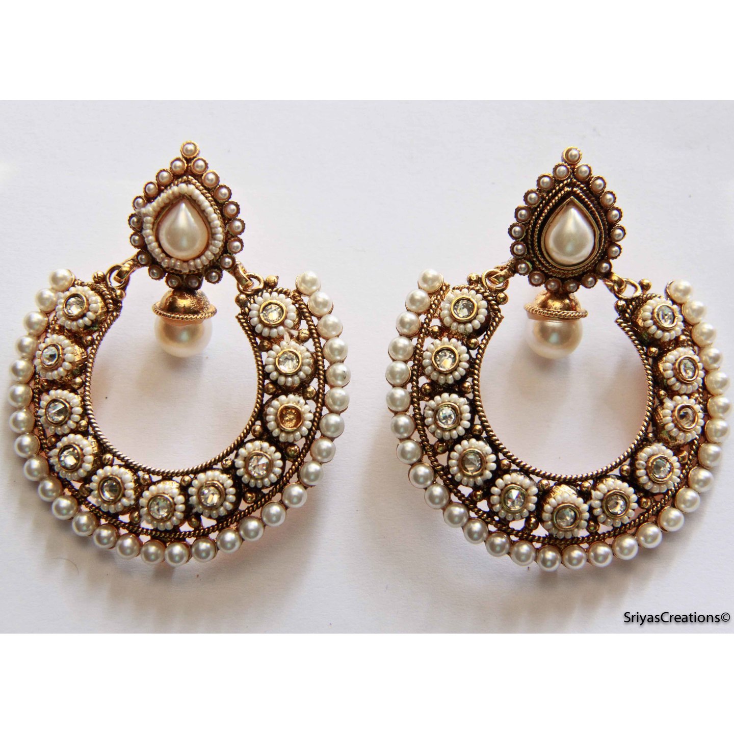 Pearl Drop Round studded Chand Bali Earrings