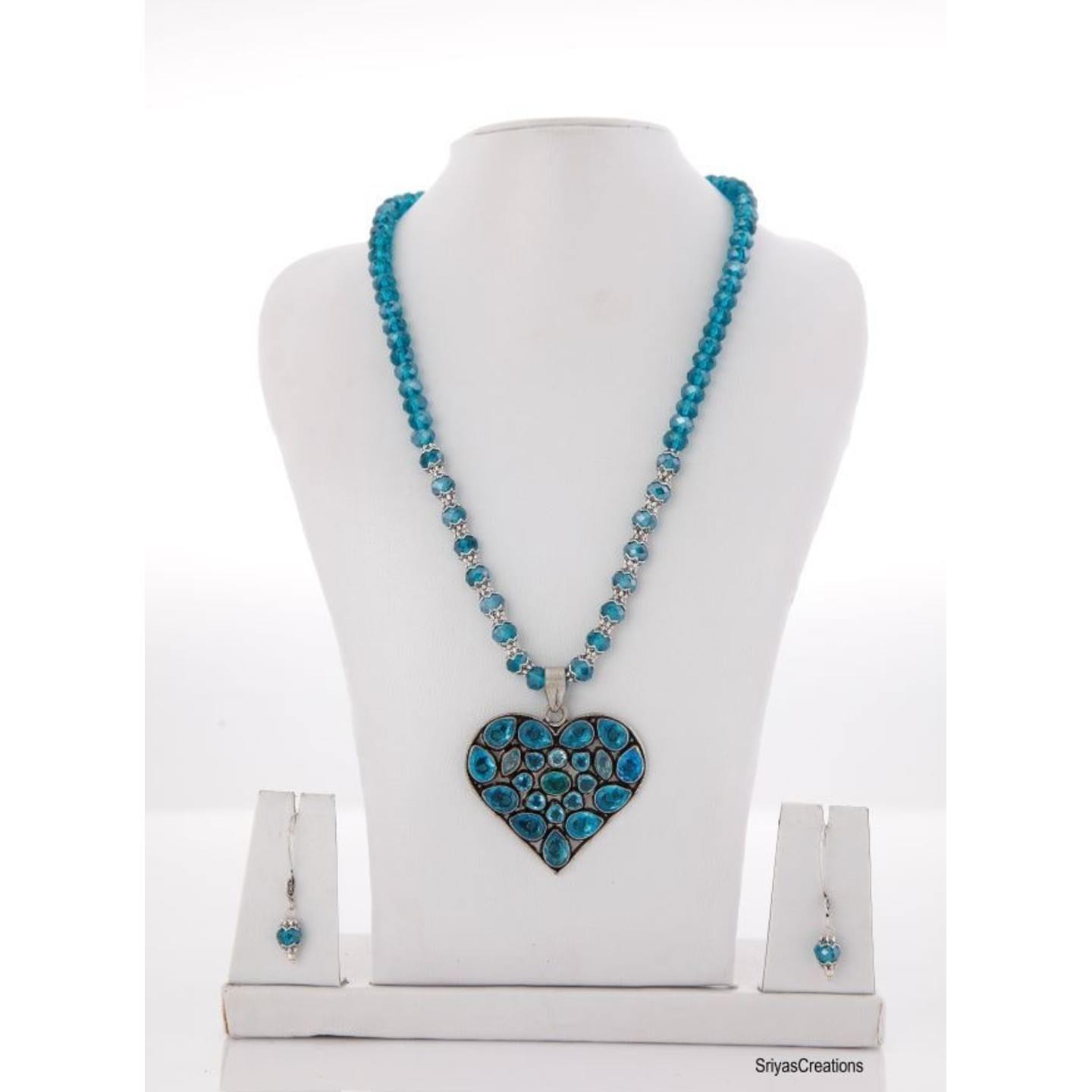 Sea Blue Crystal Beaded Silver Pendant Set