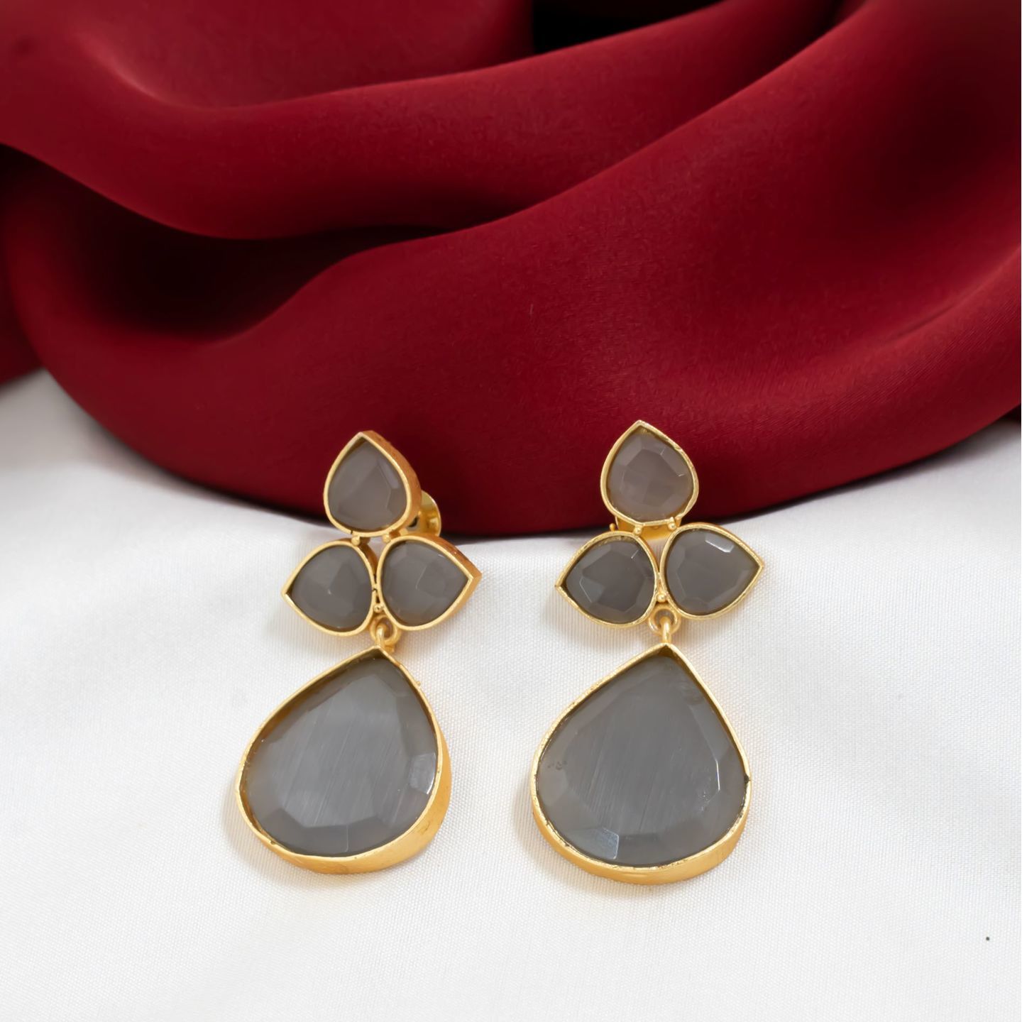 Grey Three Leaf Stone Drop Danglers