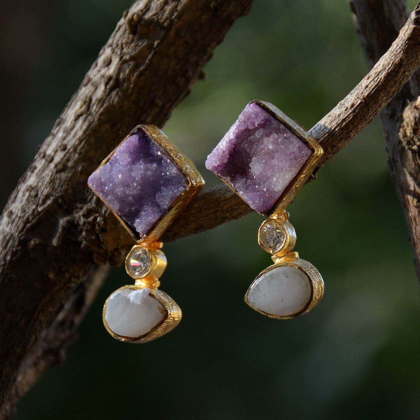 Purple Rectangle Druzy White Dangler
