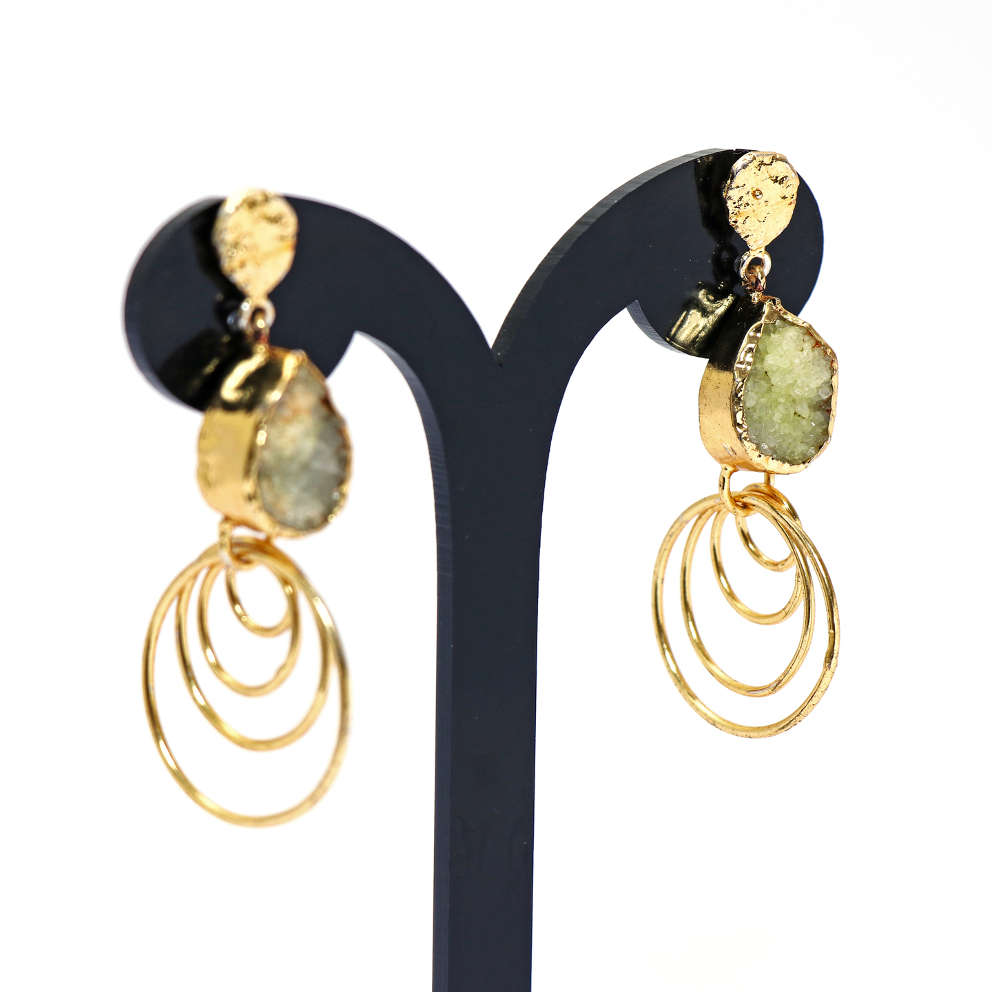 Yellow Stone Top Round Gold Layered Handmade Dangler Earrings