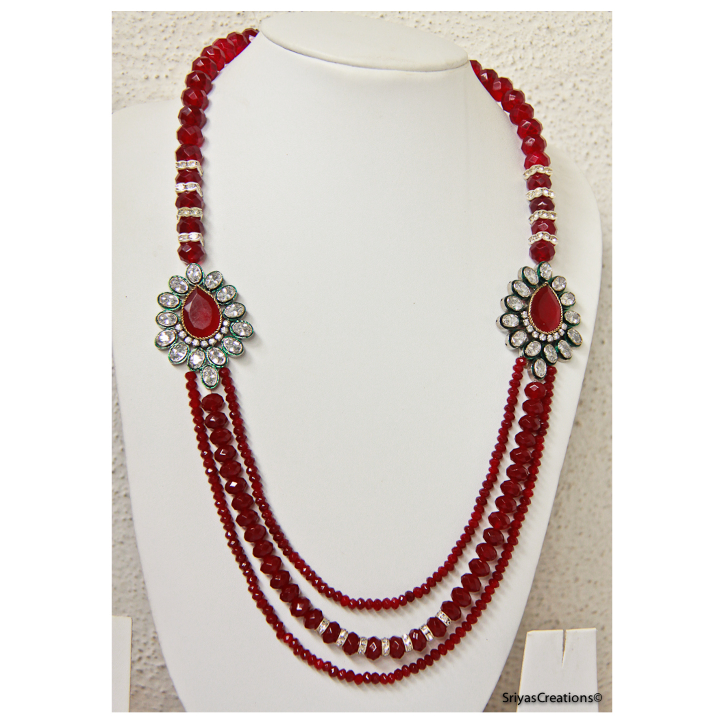 Pink Stone Studded Moppu Three Layer Necklace Set