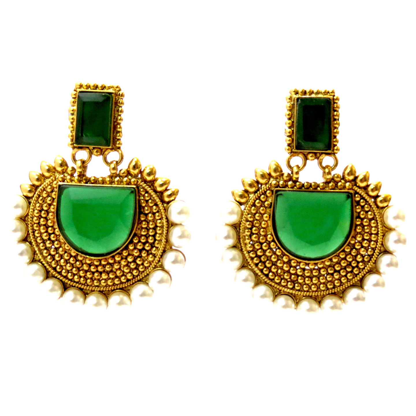 Rectangular Semicircle Stone Earrings - Green
