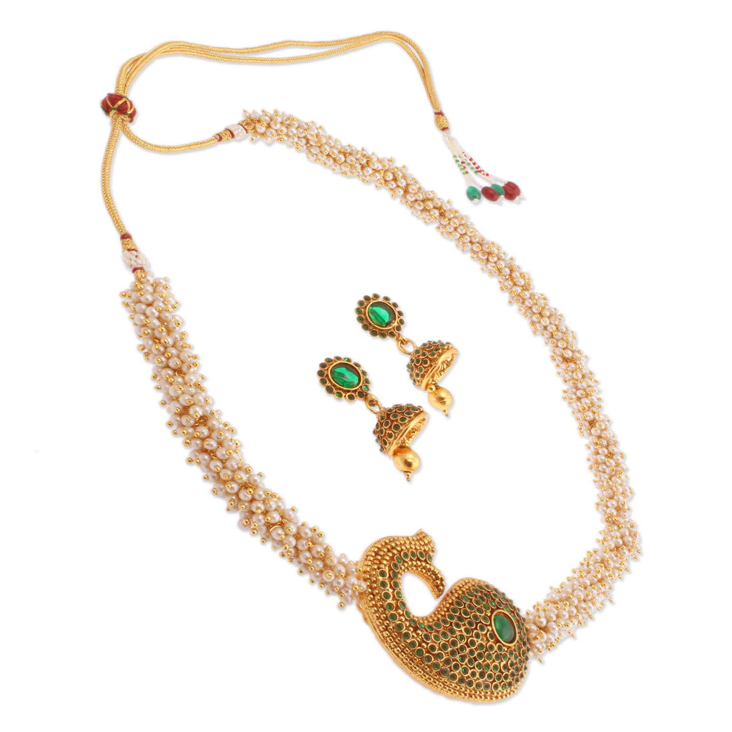 Green Paisely Side Pendant Pearl Necklace Set