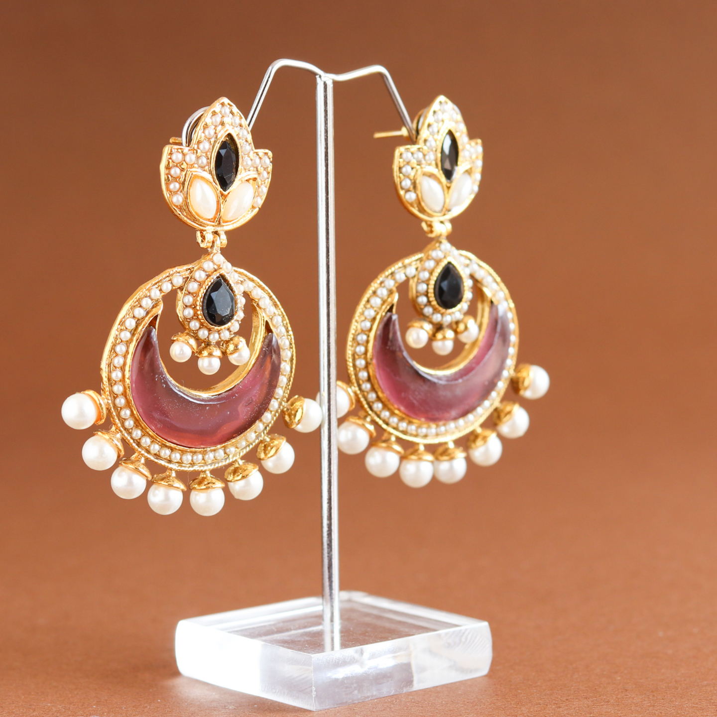Purple Black Floral Chandbali Dangler Earllings