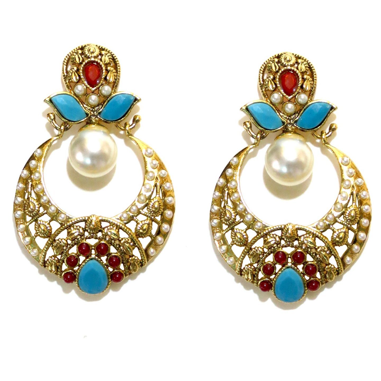 Turquoise & Red Stones Cutwork Drop Earrings