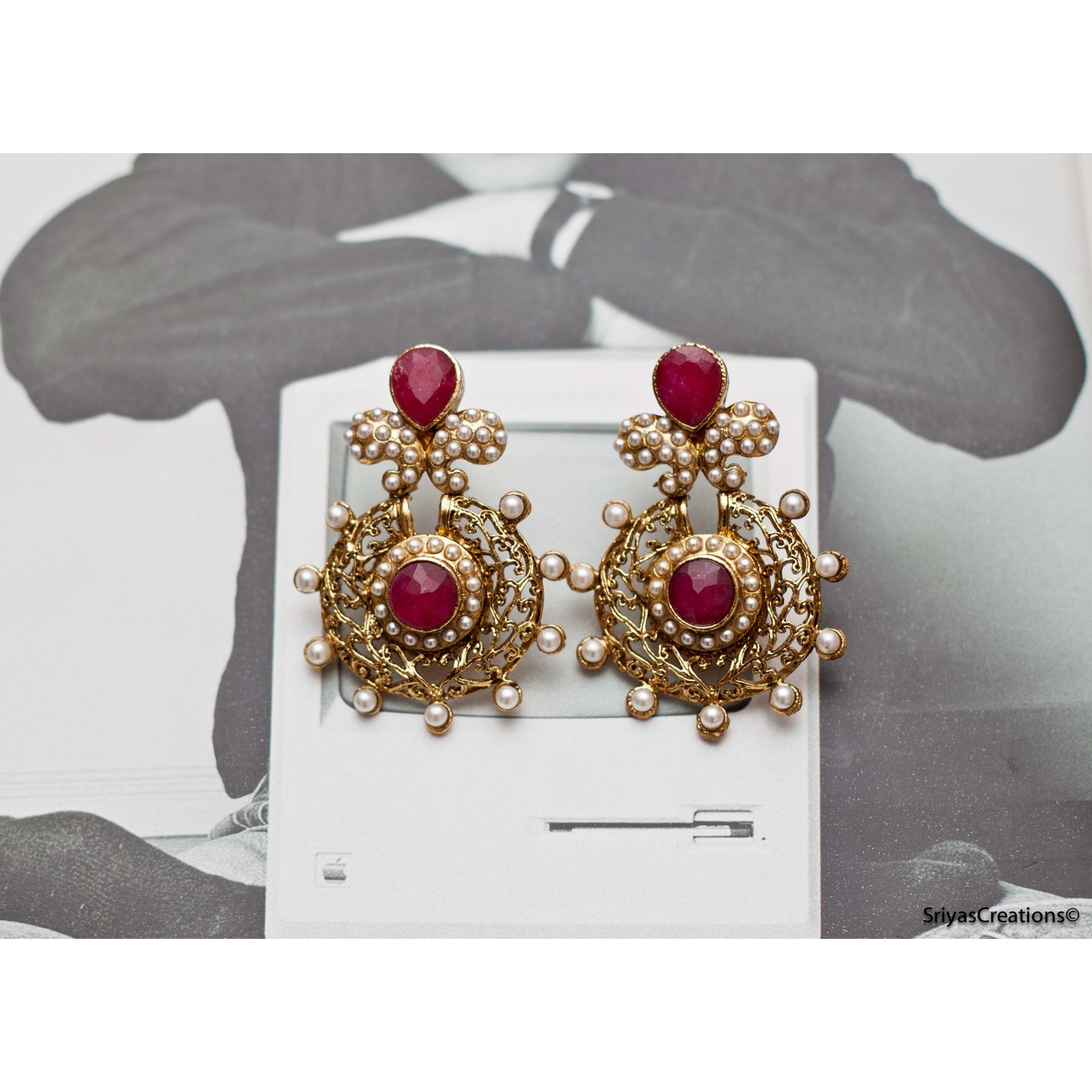 Red Pearl Drop & Round Earrings