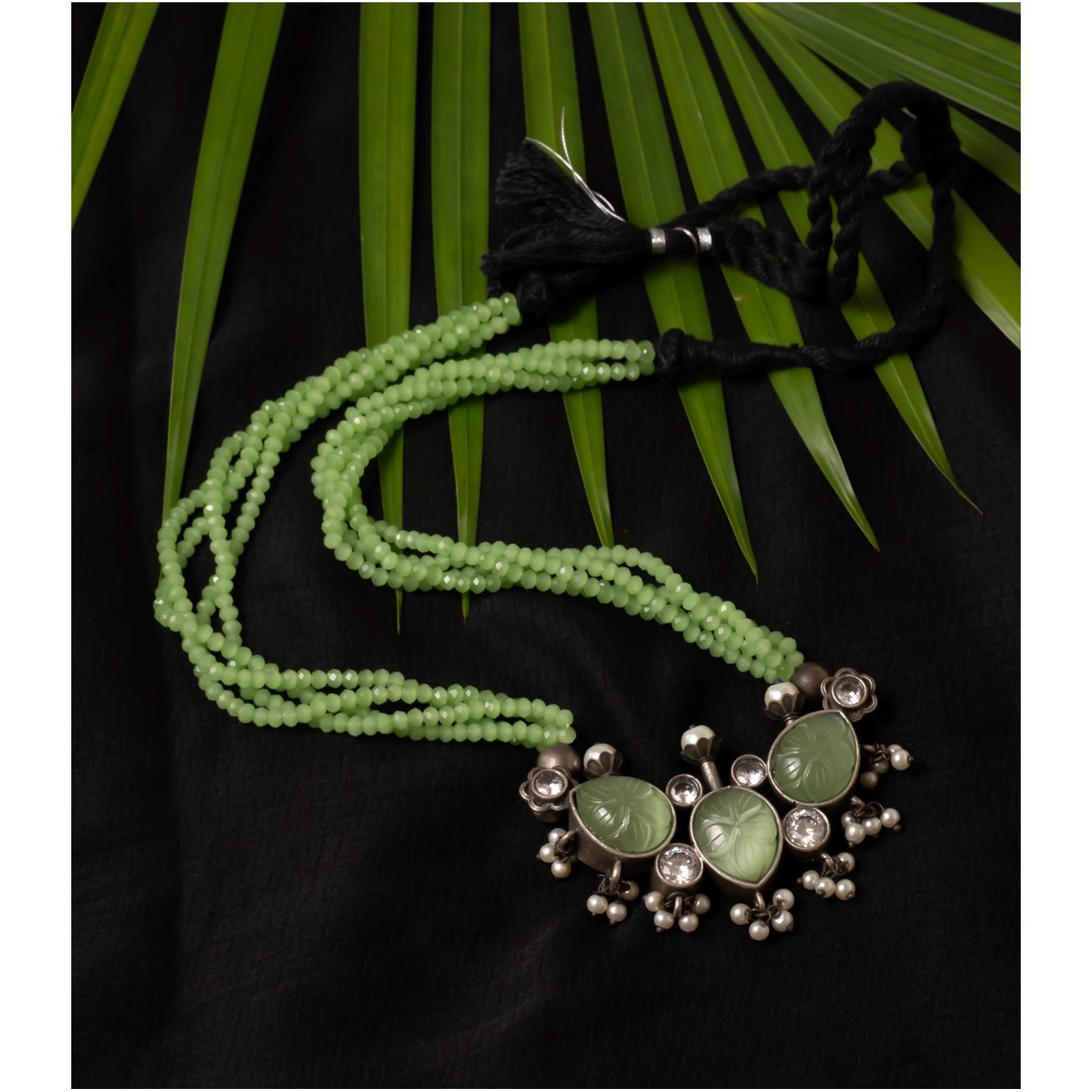Green Stone Carved Multi Layer Necklace