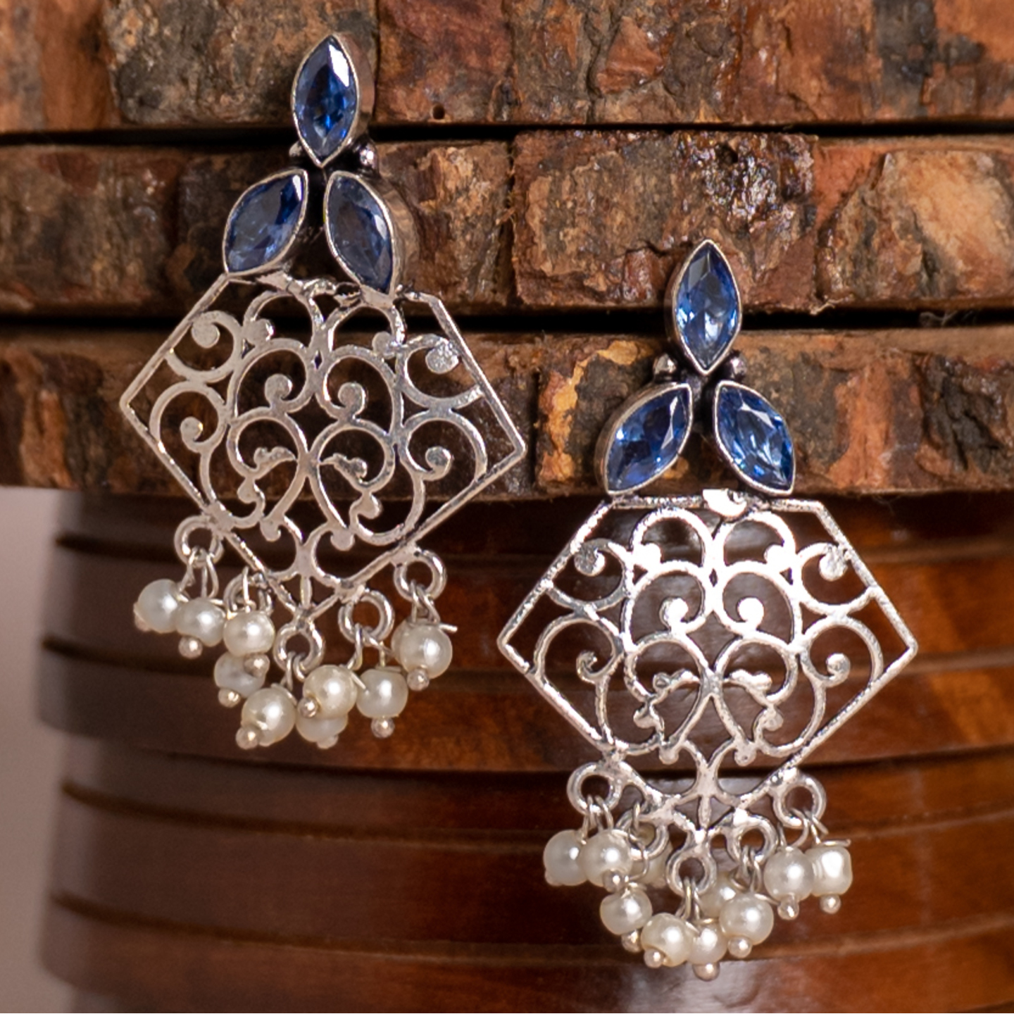 Blue Three Stone Silver Jali Earrings
