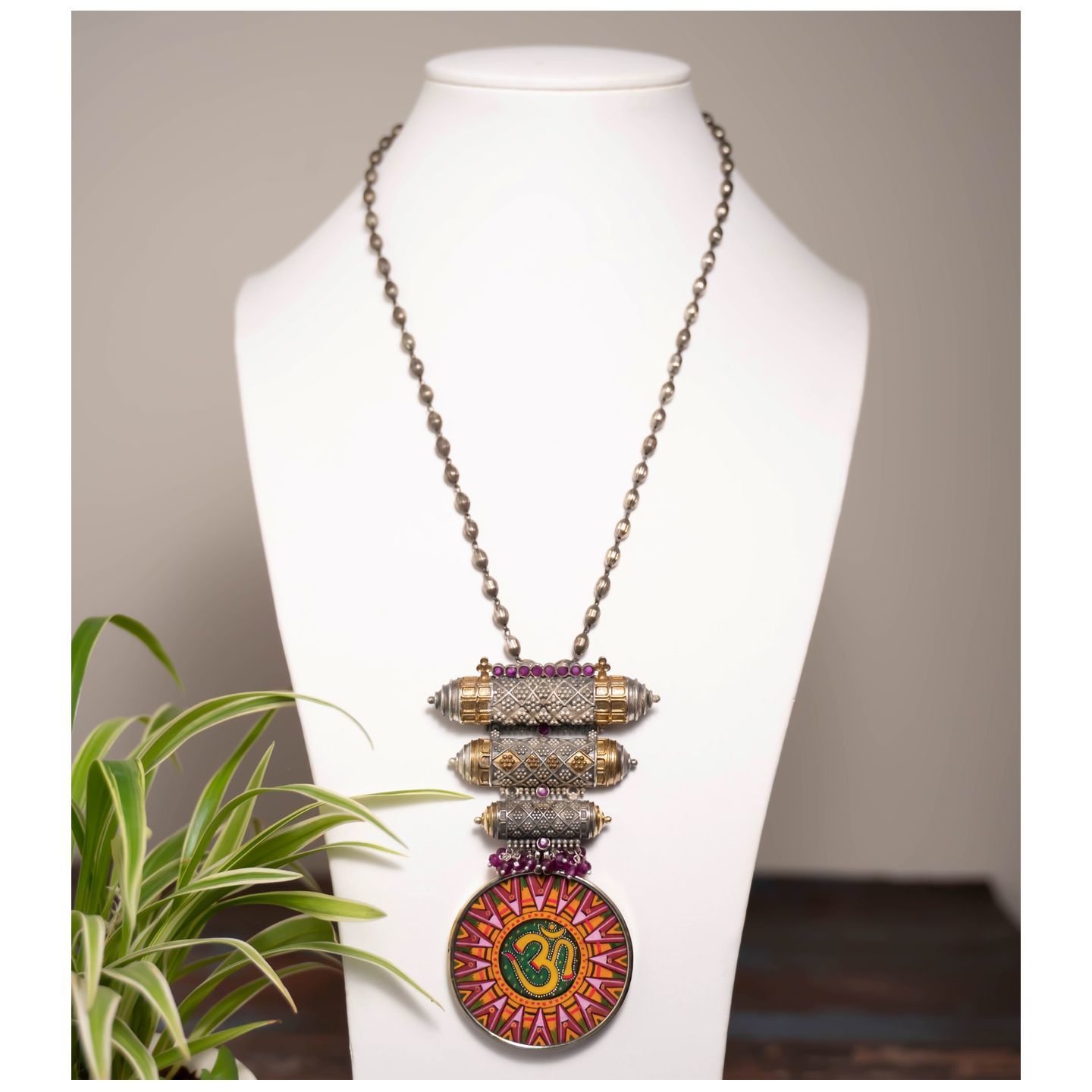 Om Painted Dual Tone Engraved Pendant Necklace