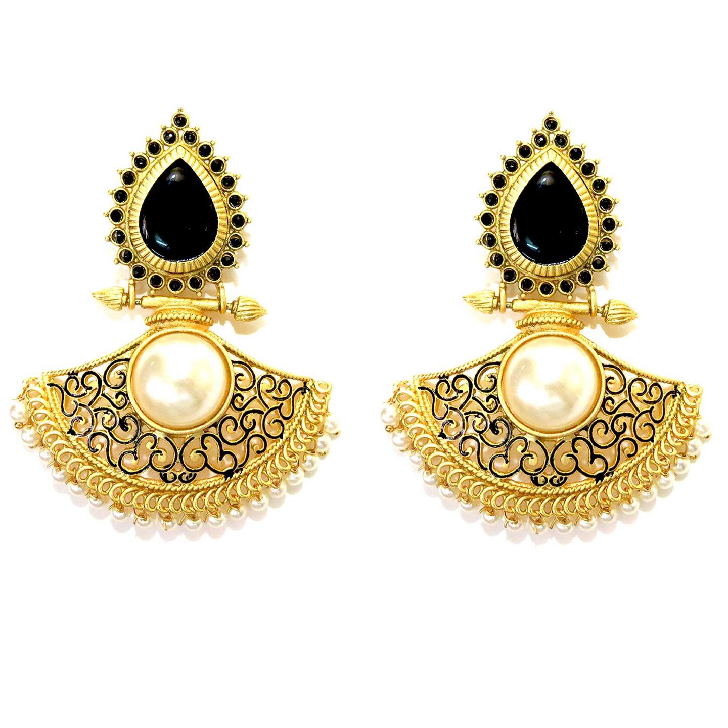 Fan Drop Enamel Filigree  Earrings - Black