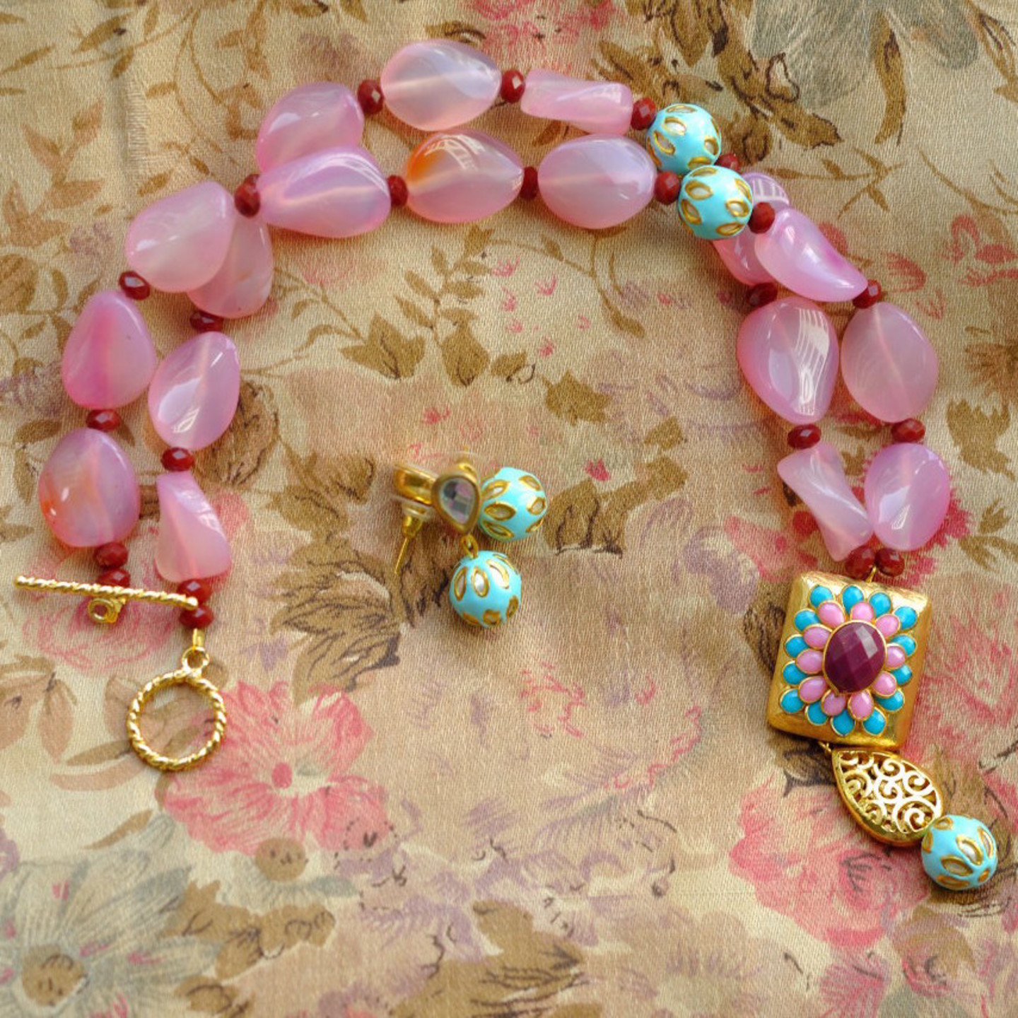 Pink Agate Necklace  Earring
