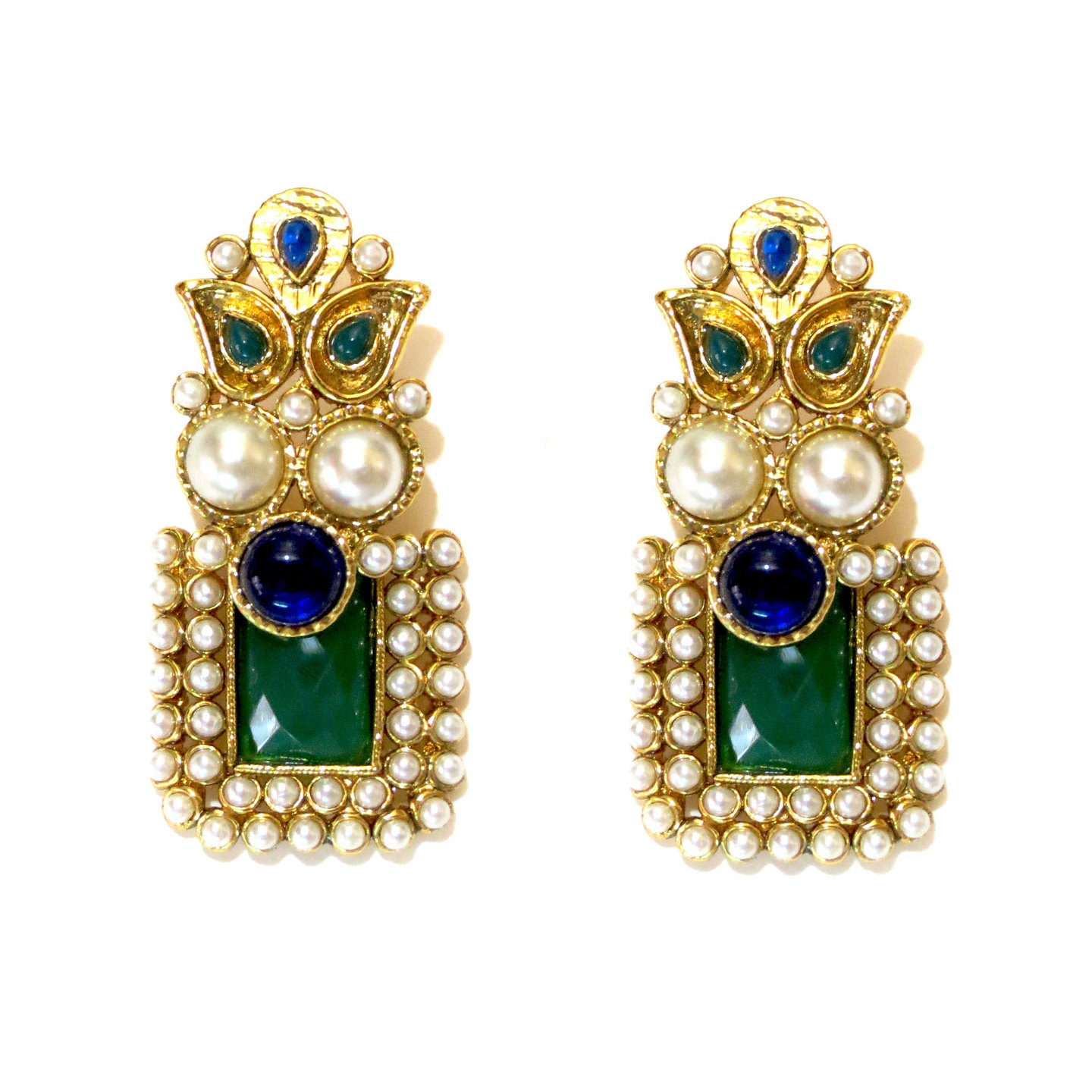 Rectangle Stone Drop Earrings - Green & Blue