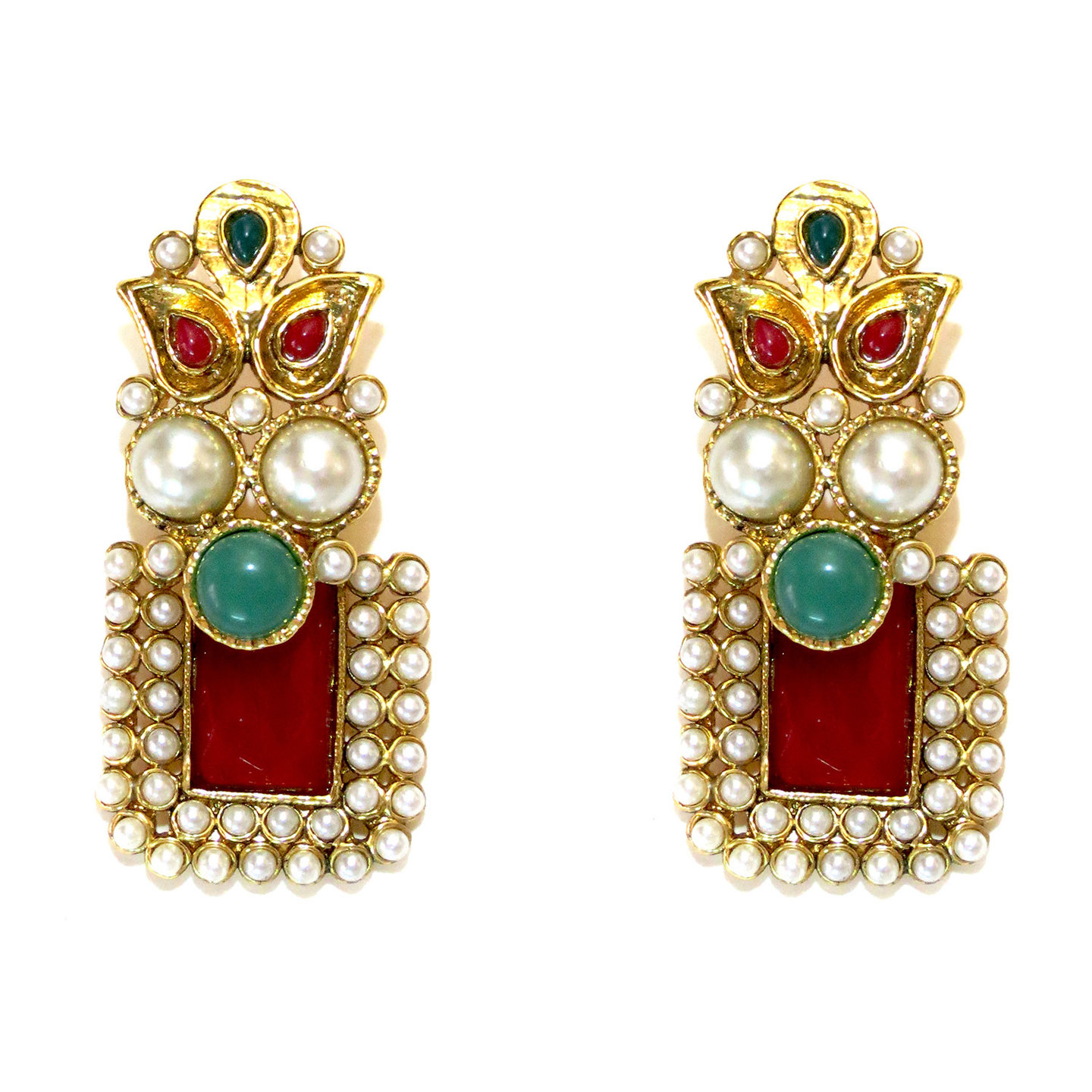 Rectangle Stone Drop Earrings - Red & Green