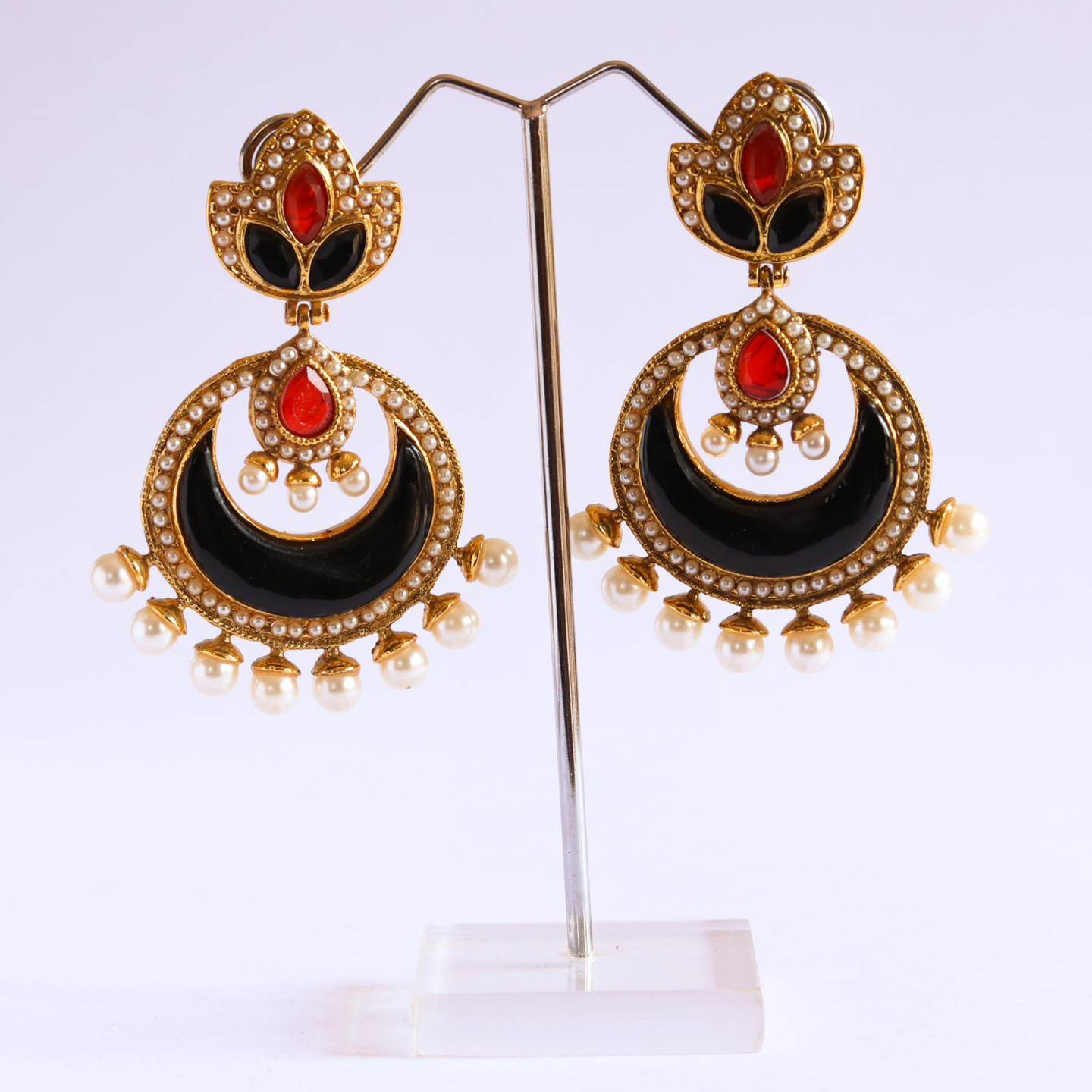 Black Orange Floral Chandbali Dangler Earllings