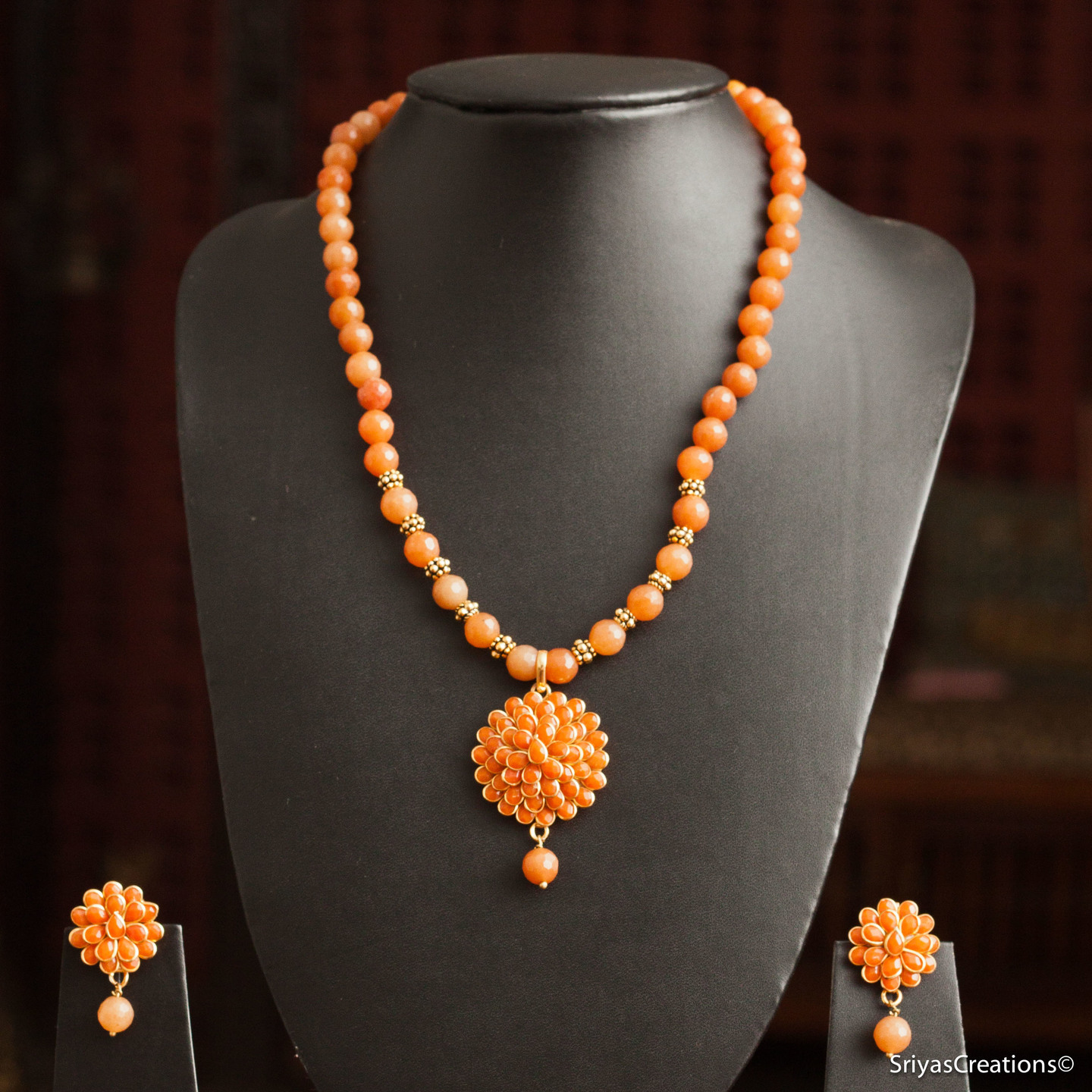 Orange Floral Pachi Gemstone Handmade NEcklace