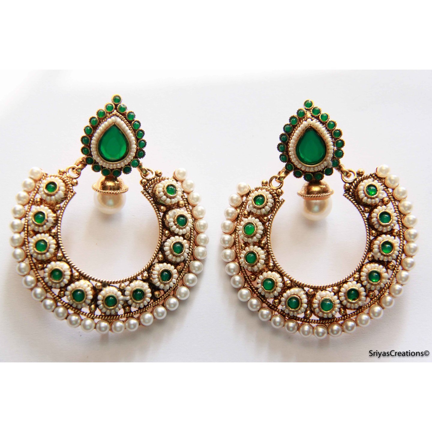 Green Drop Round Stone & Pearl studded Chand Bali Earrings