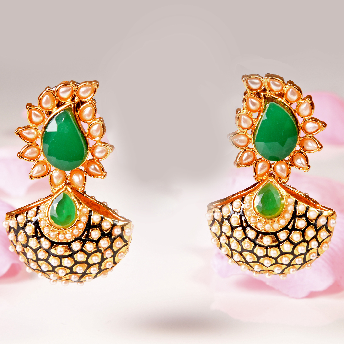 Pearl Stone Studded Paisely Drop Earring - Green