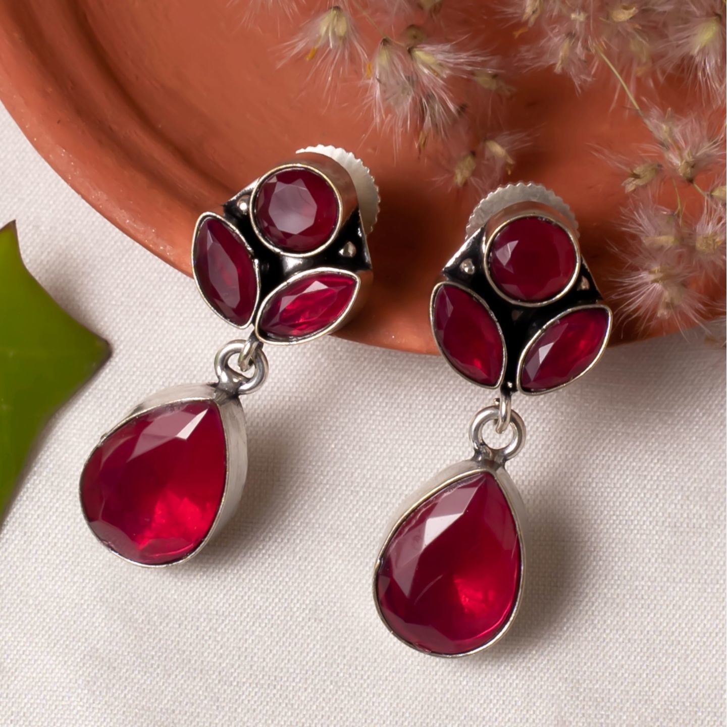 Red Three Stone Top Drop Earrings