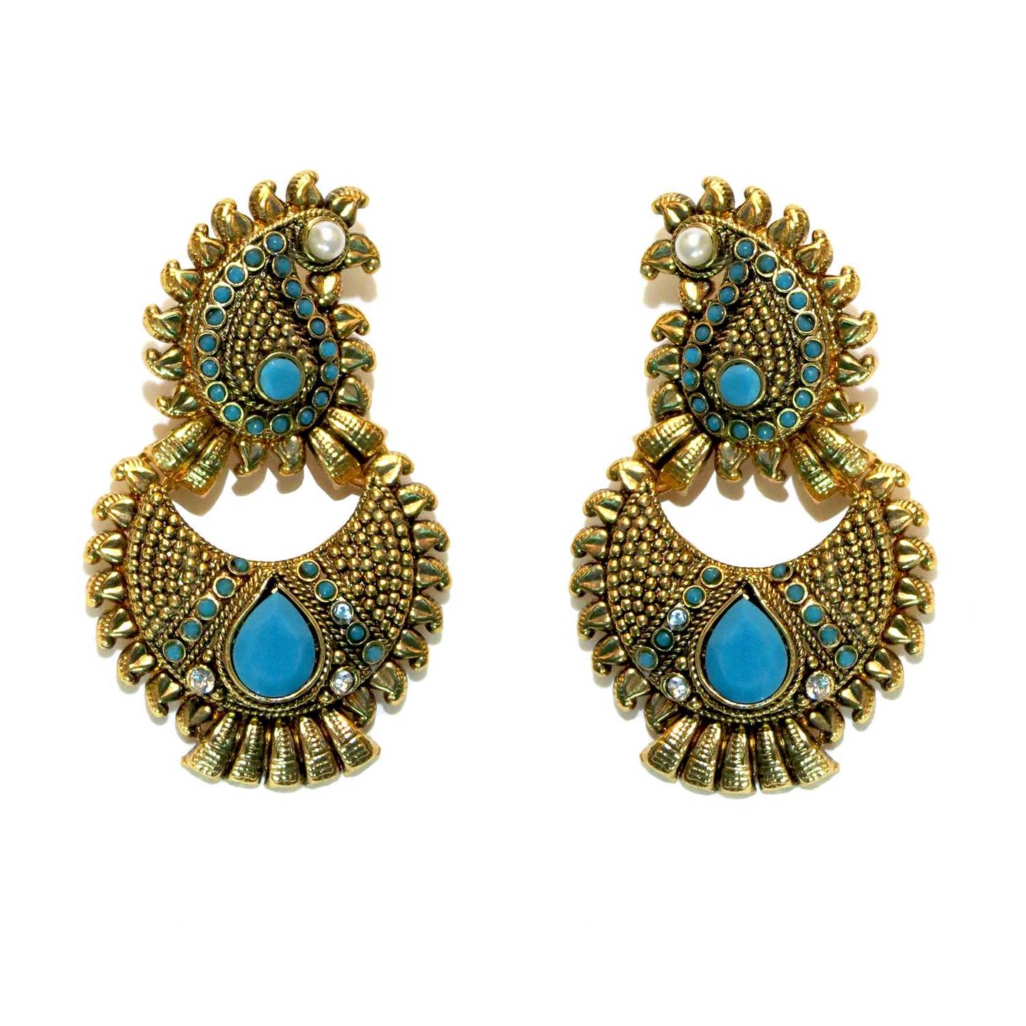 Paisley Stud Crescent Drop Earrings - Turquoise
