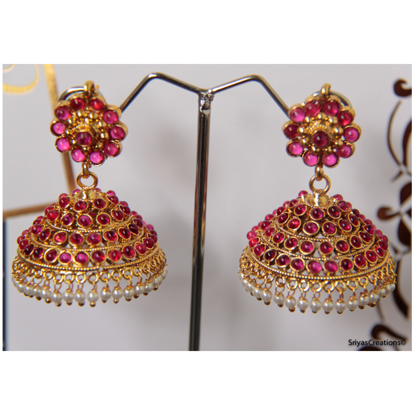 Pink  Round & Stone Studded Jhumka