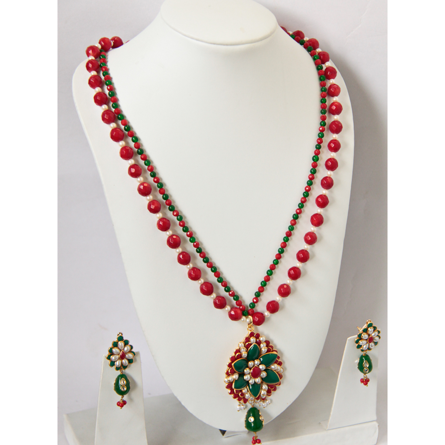 Red Green Floral Layered Pachi Set