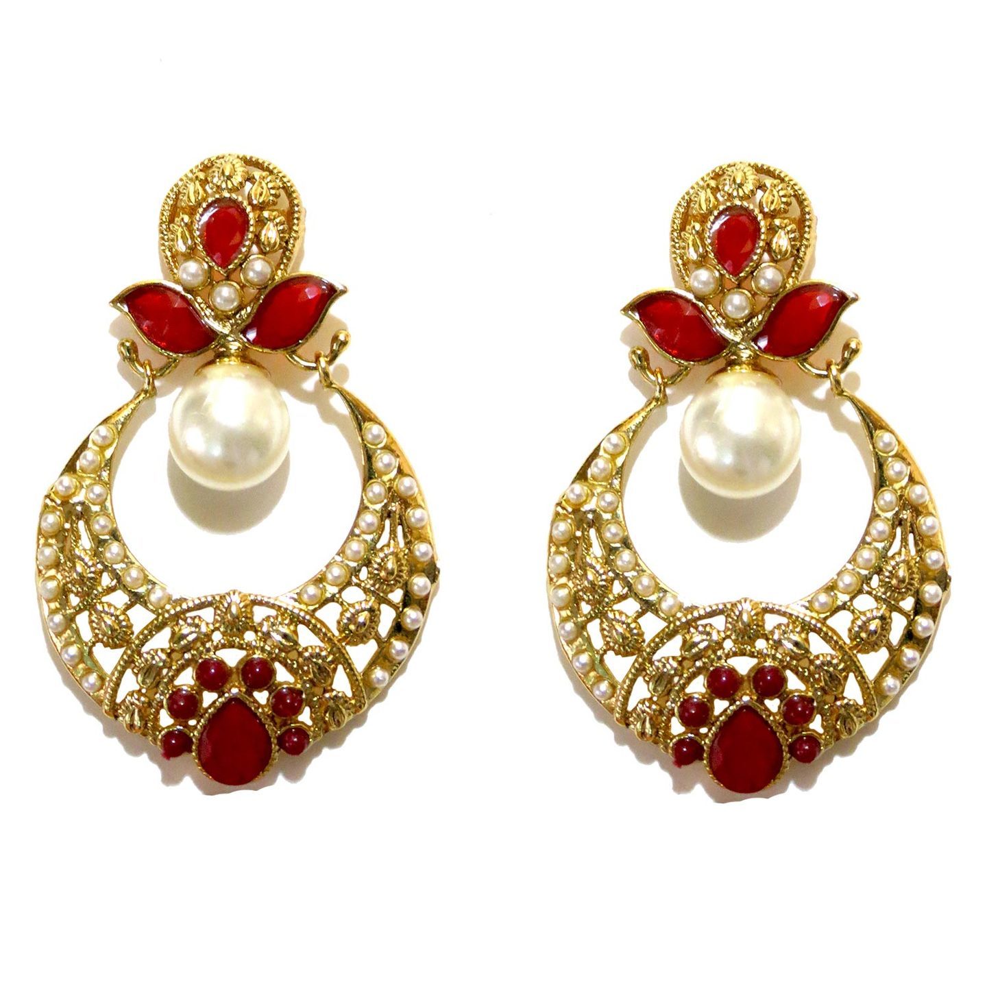Red Stones Cutwork Drop Earrings