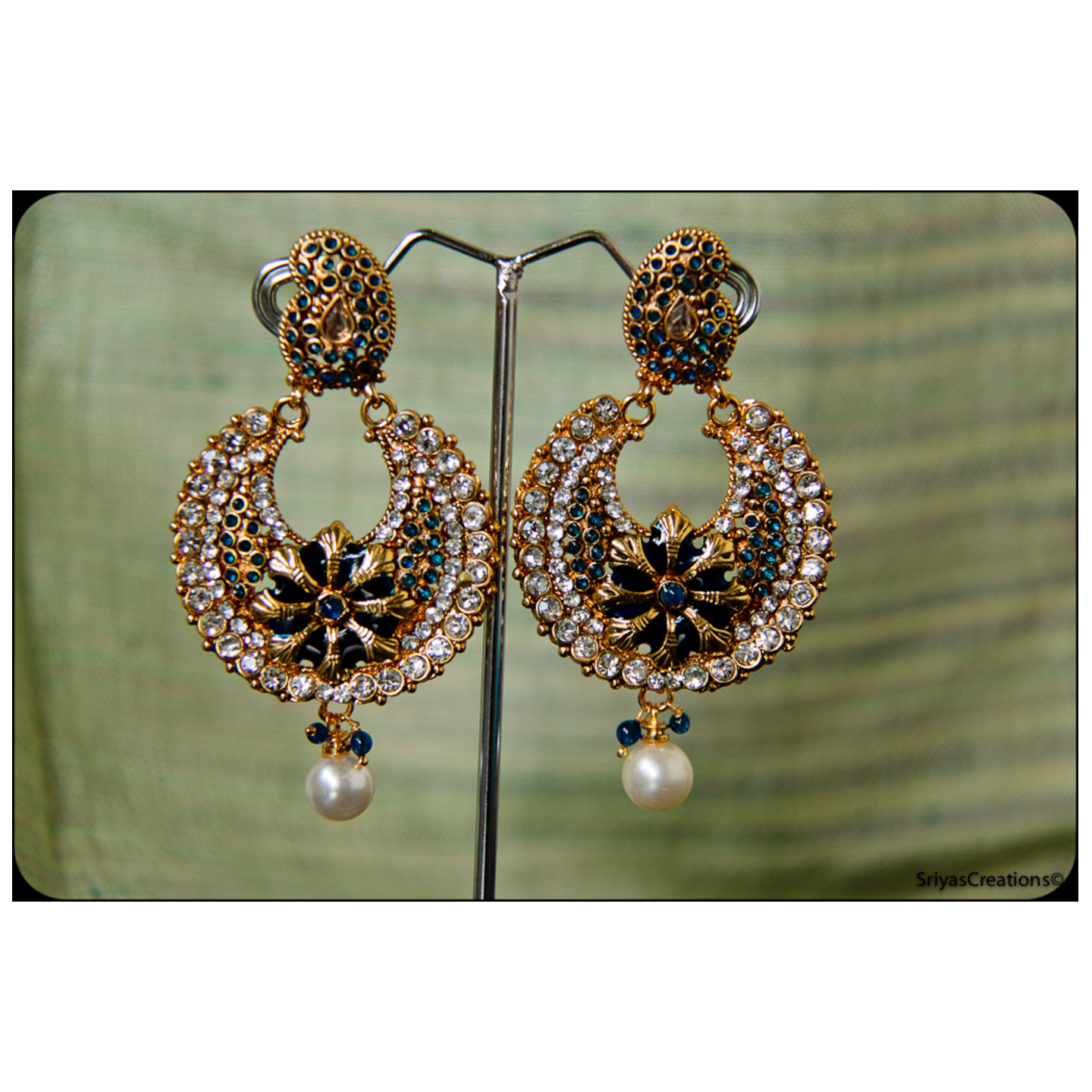 Navy Blue Mango Round Floral Meenakari Danglers