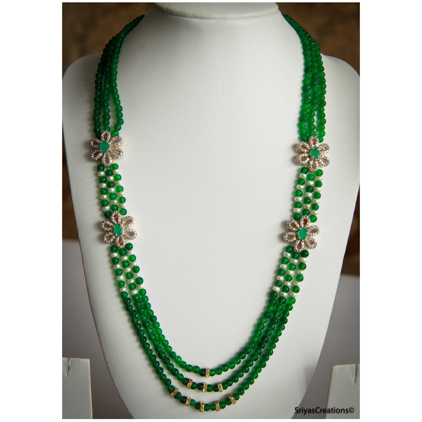 Green Agate Floral Pearl Layered Necklace