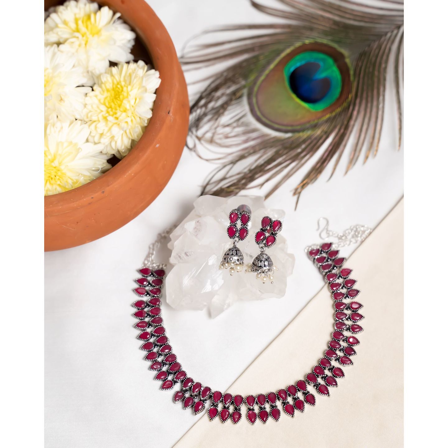 Red Drop Stone Two Layer Silver Tone Necklace Set