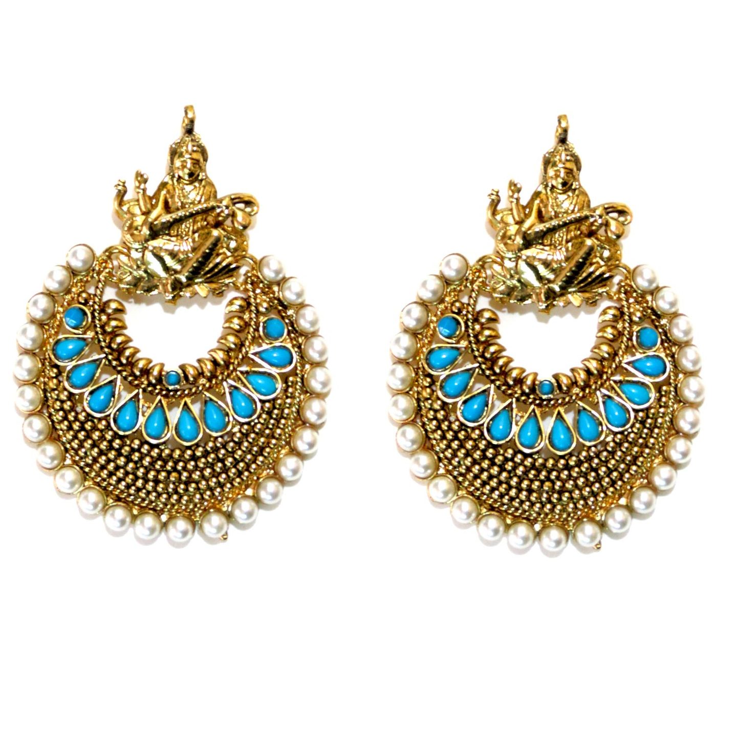 Indian Mythology Pearl Lined Earrings - Turquoise