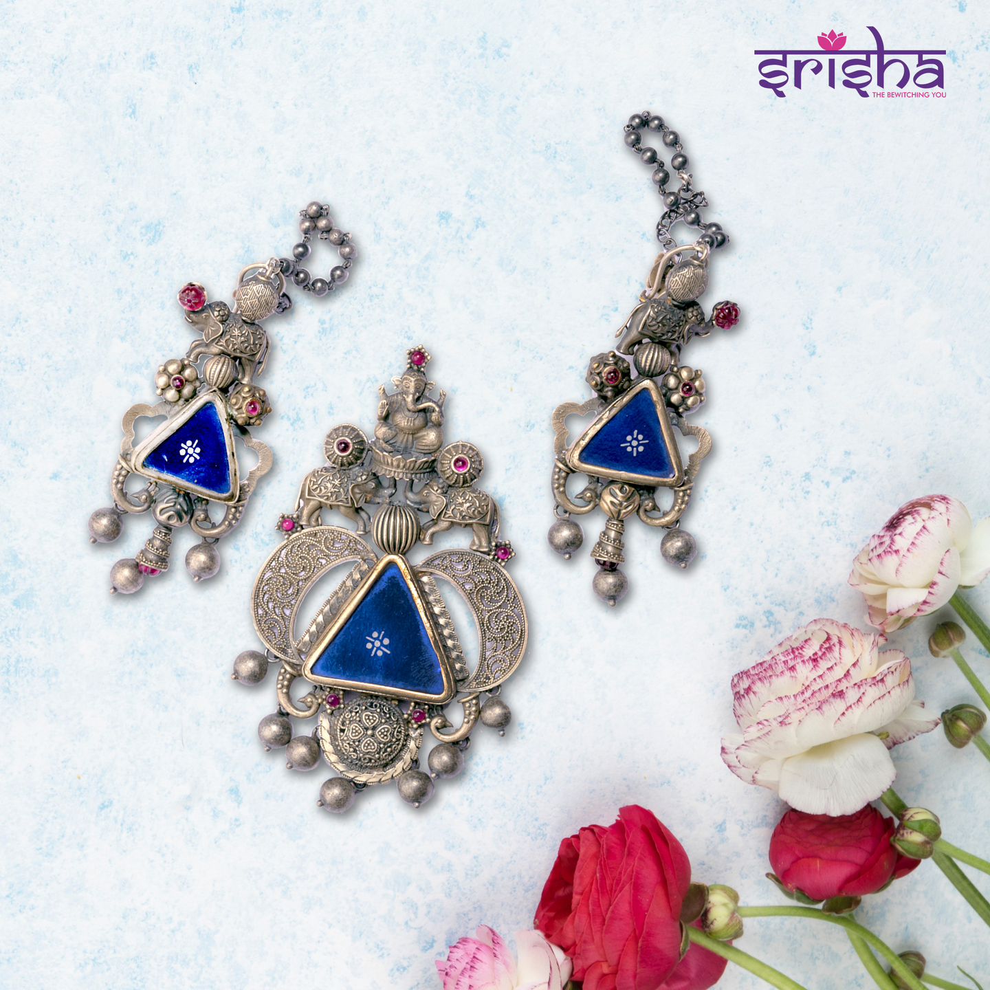 Blue Silver Pendant Earring Set