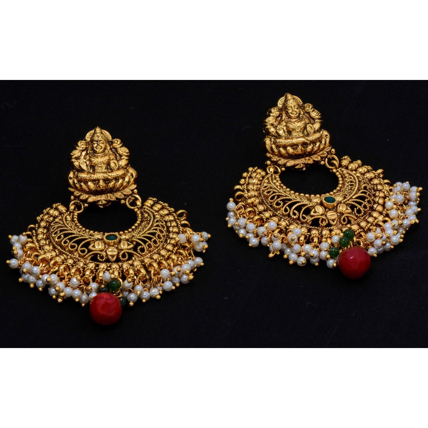 Green, Red & Pearl -Lakshmi Wedding ChandBali Earrings