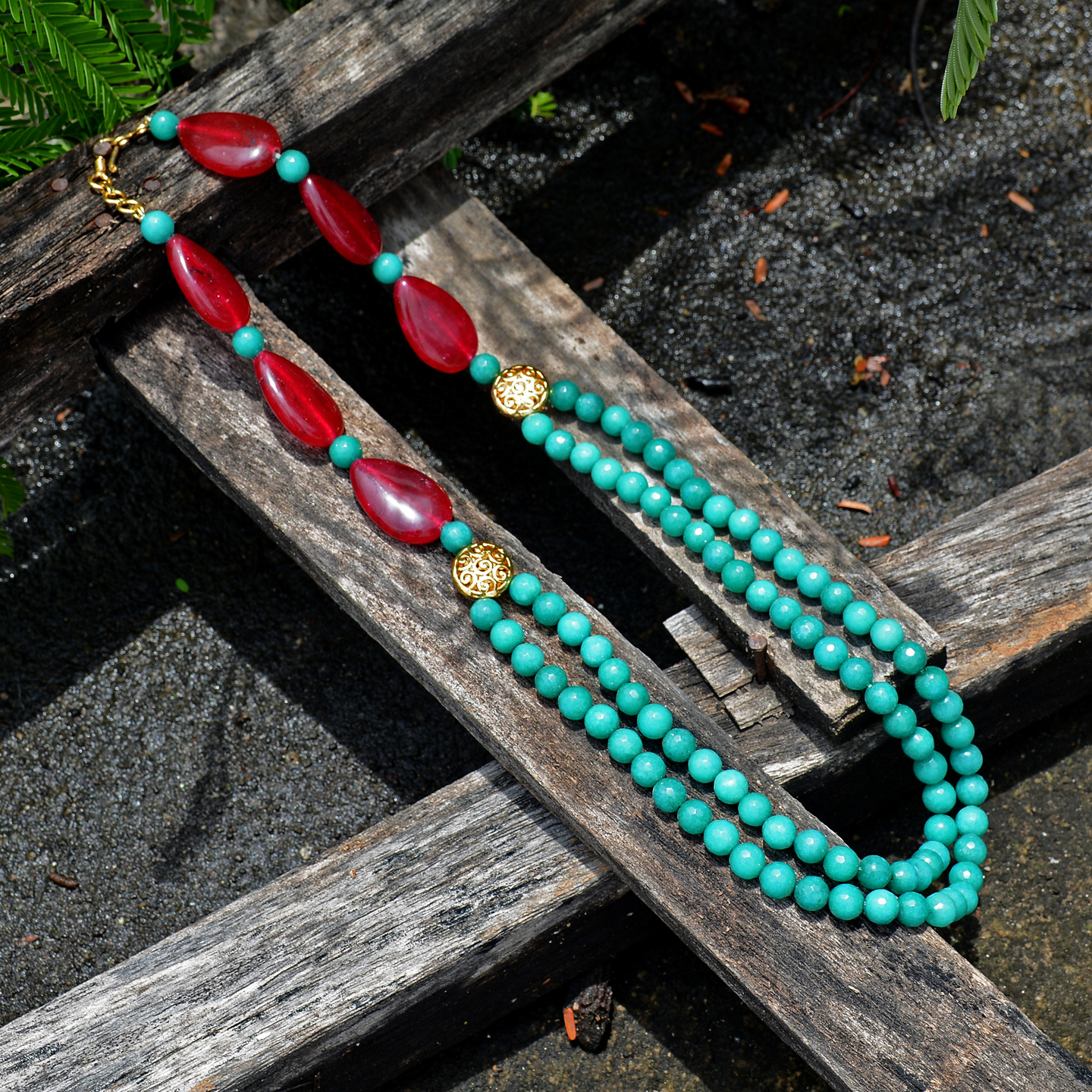 Turquoise Green Two Layer Ruby Red Long Necklace